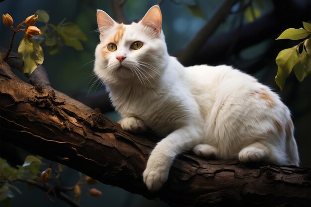 Elegança caprichosa um gato branco sentado em um galho de árvore exalando charme