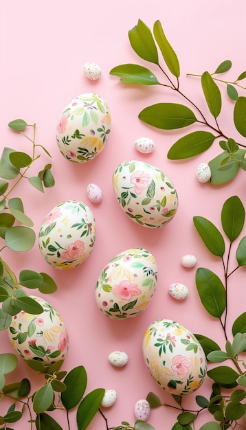 Elegança da primavera Ovos de Páscoa com padrões florais em fundo pastel