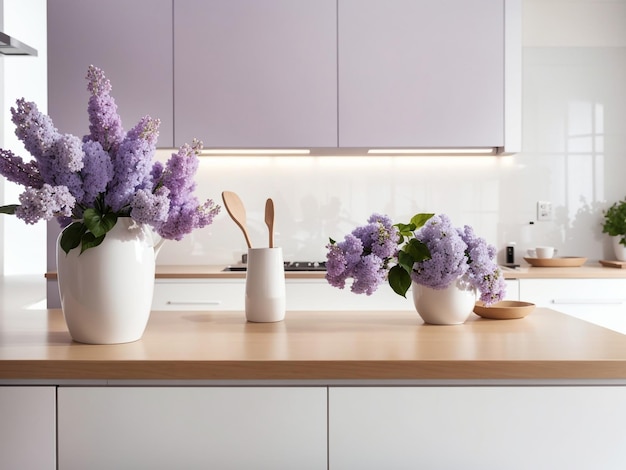 Elegança de lilas Belas flores em vaso em bancada de madeira