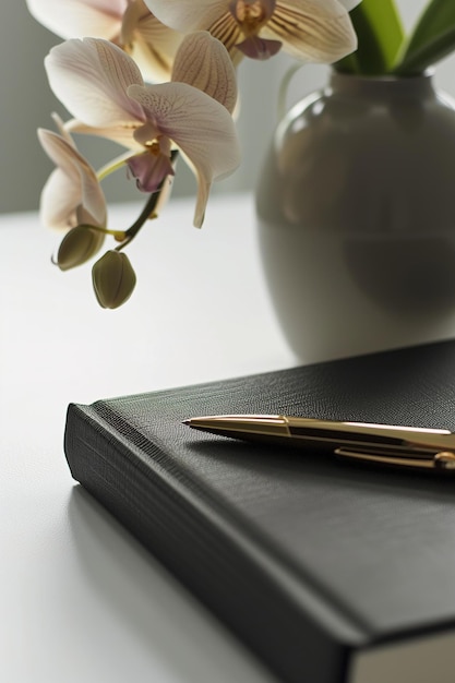 Foto elegança de orquídea em uma mesa de trabalho melhorando a decoração do escritório ai gerado