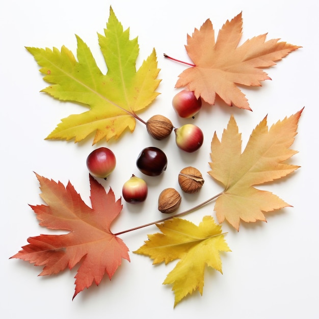 Foto elegança de outono uma exibição serena de cores pastel planas com folhas de castanha-do-mar e conkers em