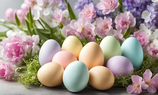 Elegança de Páscoa, natureza morta com ovos e flores.