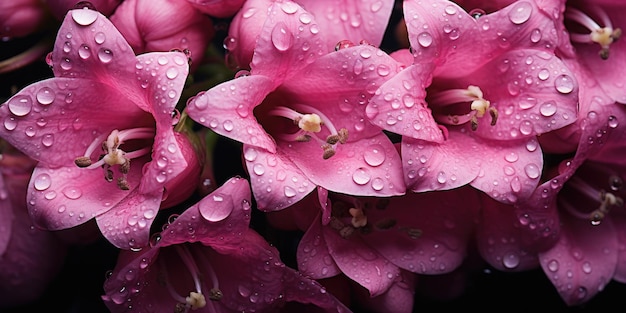 Elegança de um dia chuvoso Close-up de flores e folhas com gotas de água