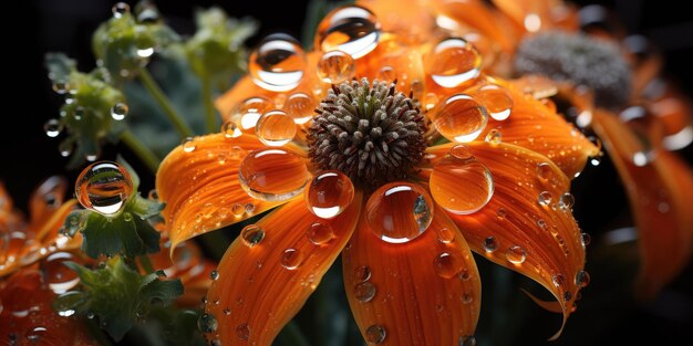 Elegança de um dia chuvoso Close-up de flores e folhas com gotas de água