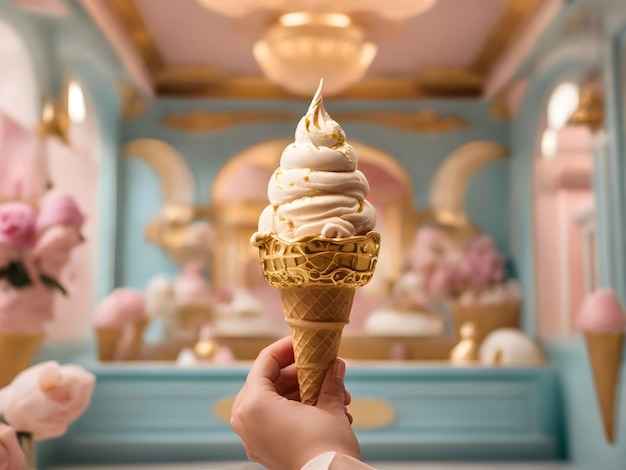 Elegança dourada com a mão segurando sorvete em um ambiente estético