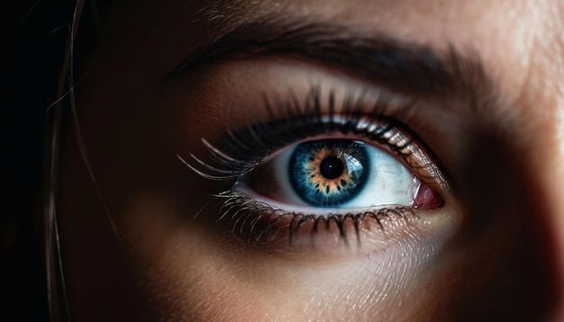 Elegança e sensualidade de jovem de olhos azuis capturadas em retrato macro gerado por inteligência artificial