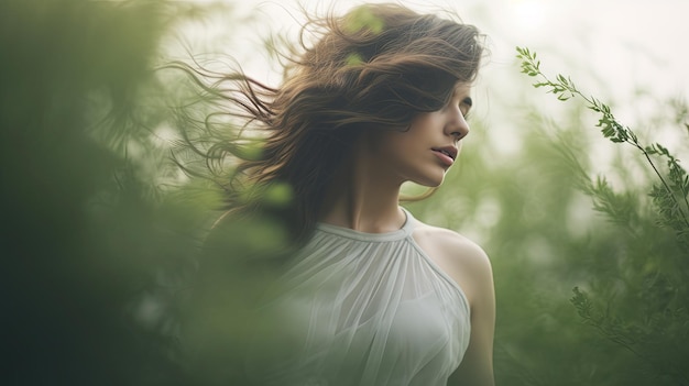 Elegança encantadora Uma viagem serena de uma mulher de vestido branco através da Floresta Encantada