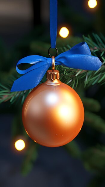 Foto elegança festiva bola de natal com arco azul no ramo de abeto