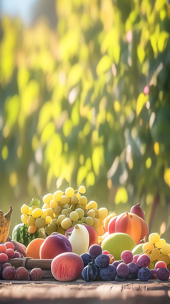 Foto elegança frutal frutas maduras em linha em uma mesa de jardim papel de parede móvel vertical