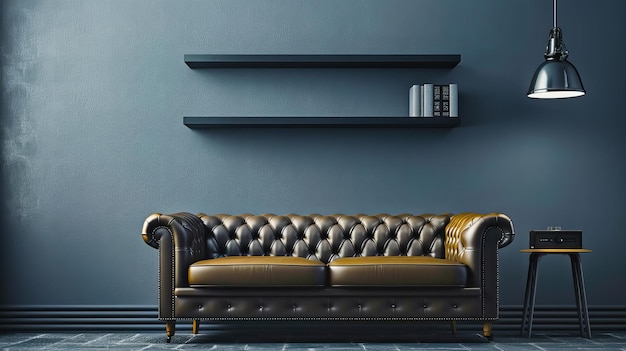 Elegança intemporal Design de interiores de luxo com sofás de couro vintage e ricos acentos de madeira