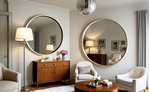 Foto elegança intemporal design de interiores retrô com espelhos redondos e lâmpada