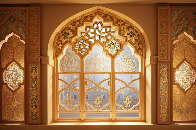 Elegança Islâmica Tradicional Janela Ornamental Árabe de Ouro