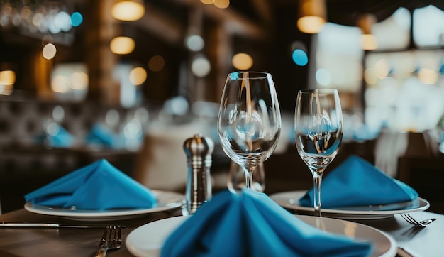 Elegança na simplicidade uma mesa de jantar lindamente decorada com vidro cristalino iluminado pelo suave brilho da luz ambiente
