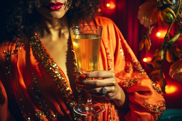 Elegança pessoa toma um copo de champanhe em uma festa de véspera de Ano Novo Ilustração de IA generativa