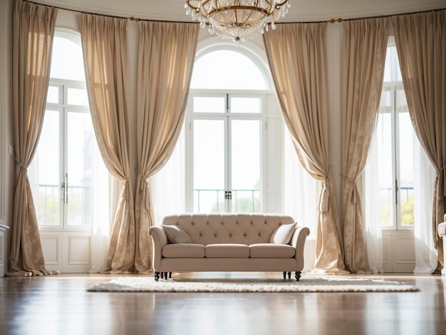 Foto elegança redefinida no interior de uma sala espaçosa com cortinas graciosas