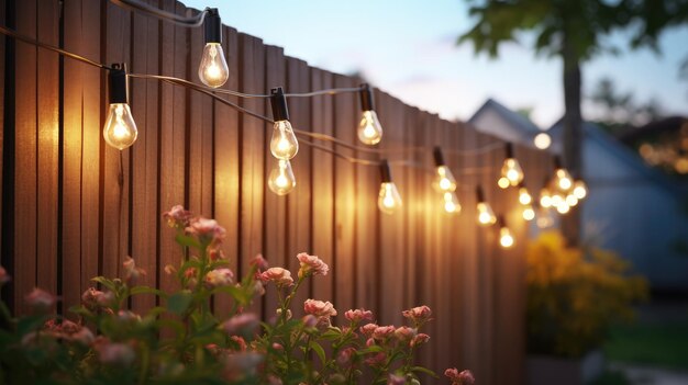 Elegança rústica lâmpadas aconchegantes penduradas em fila contra uma cerca de jardim de madeira criando uma atmosfera romântica e iluminada para um casamento no campo
