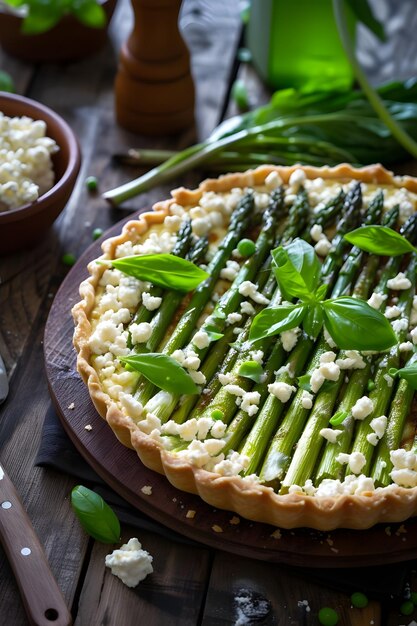 Elegança saborosa Espargos frescos e queijo de cabra Torta deliciosa