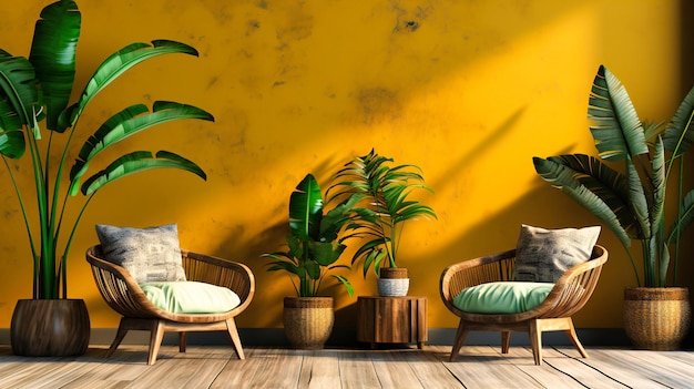 Elegança tropical cadeiras de rattan e vegetação exuberante contra uma parede de mostarda iluminada pelo sol