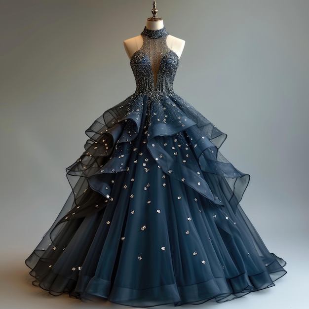 Elegance dio a conocer una cautivadora exhibición de un hermoso y lujoso vestido de noche que adorna con gracia a un maniquí que personifica el estilo atemporal y la opulencia para un asunto glamuroso y chic