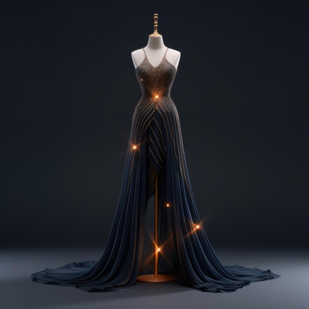 Elegance dio a conocer una cautivadora exhibición de un hermoso y lujoso vestido de noche que adorna con gracia a un maniquí que personifica el estilo atemporal y la opulencia para un asunto glamuroso y chic