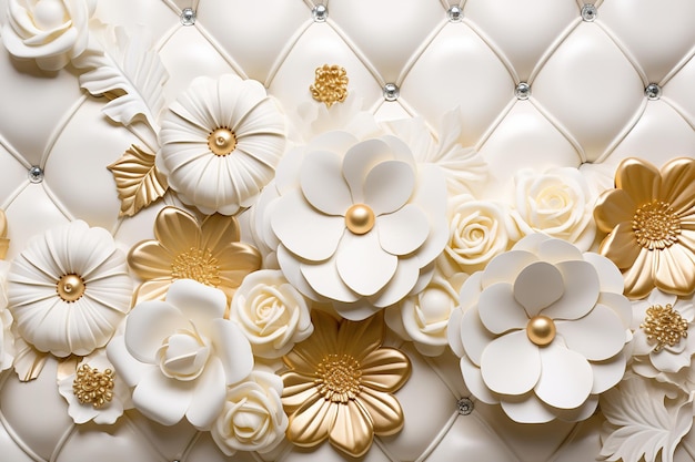 Elegance Luxury Base de Couro Branco e Dourado com Diamantes e Flores Illustration Background