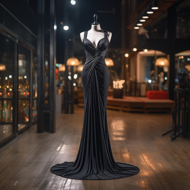 Elegance revelou uma exibição cativante de um belo vestido de noite de luxo adornando graciosamente um manequim personificando estilo atemporal e opulência para um caso glamouroso e chique