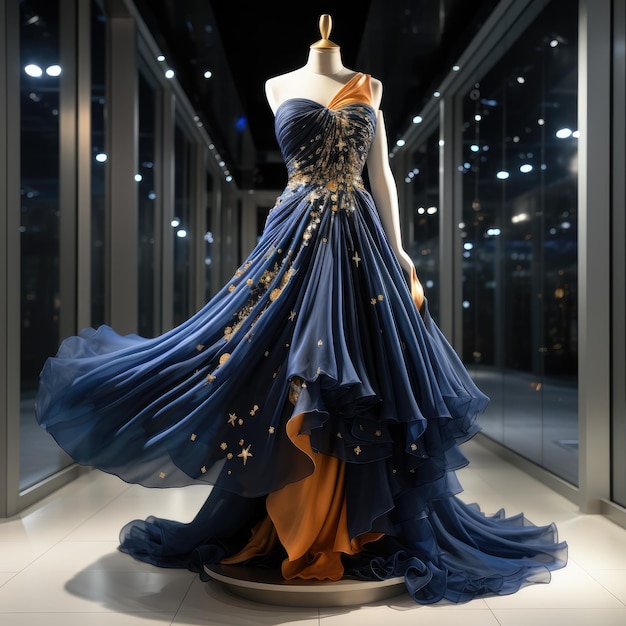 Elegance revelou uma exibição cativante de um belo vestido de noite de luxo adornando graciosamente um manequim personificando estilo atemporal e opulência para um caso glamouroso e chique