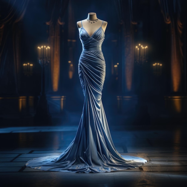 Elegance revelou uma exibição cativante de um belo vestido de noite de luxo adornando graciosamente um manequim personificando estilo atemporal e opulência para um caso glamouroso e chique