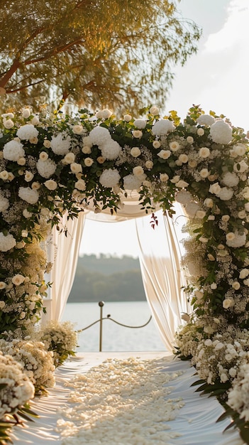 Elegância à beira do lago, cerimônia de casamento romântica, flores brancas, configuração luxuosa, papel de parede móvel vertical