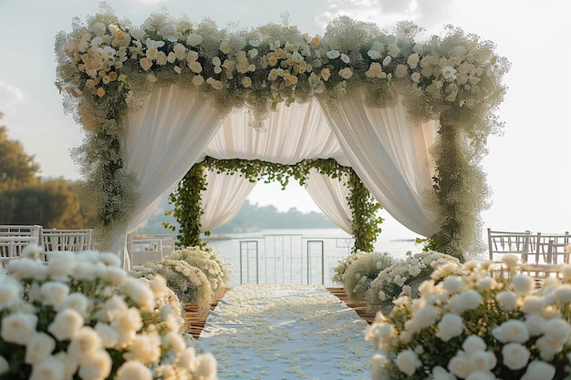 Elegância à beira do lago cerimônia de casamento romântica flores brancas configuração luxuosa