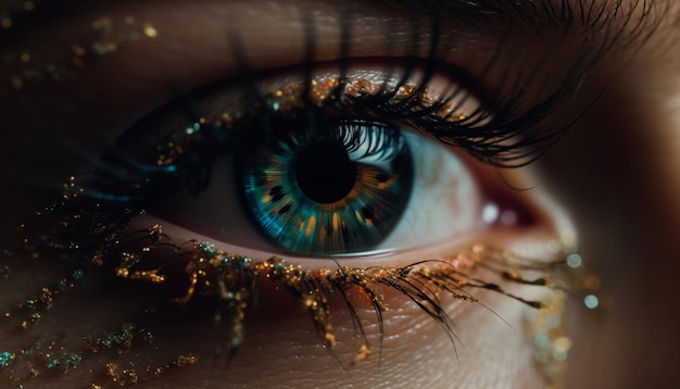 Elegancia abstracta, un ojo de mujer mirando fijamente reflejando la naturaleza multicolor generada por IA