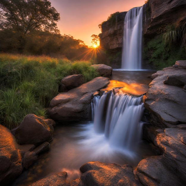 Foto elegancia del amanecer captura una cascada bañada en la suave luz del amanecer