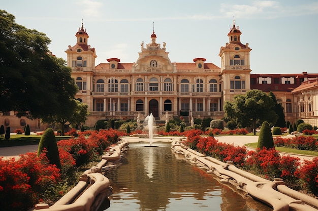 Elegancia arquitectónica Una estructura con una fuente en la parte delantera