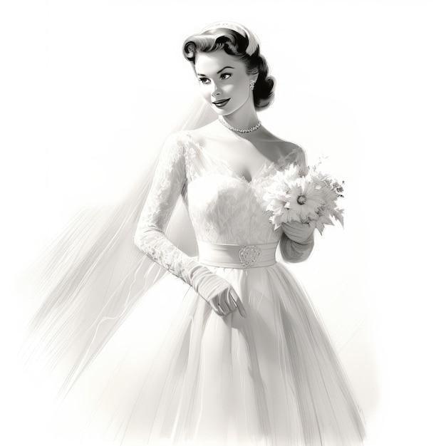 Elegancia atemporal cautivadora Vintage vestido de novia de los años cincuenta Esbozo de diseño de moda