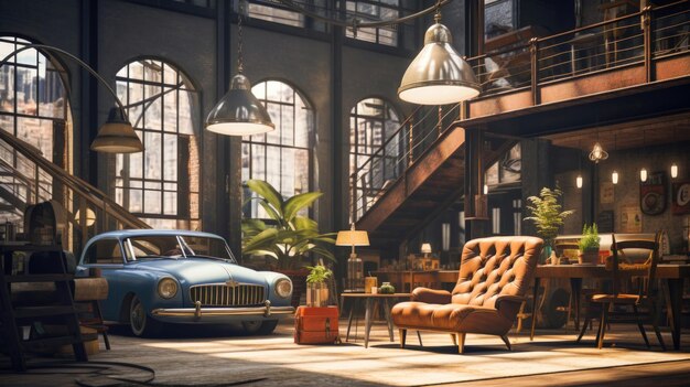 Elegancia atemporal Un coche de época en un espacio de vida de estilo loft