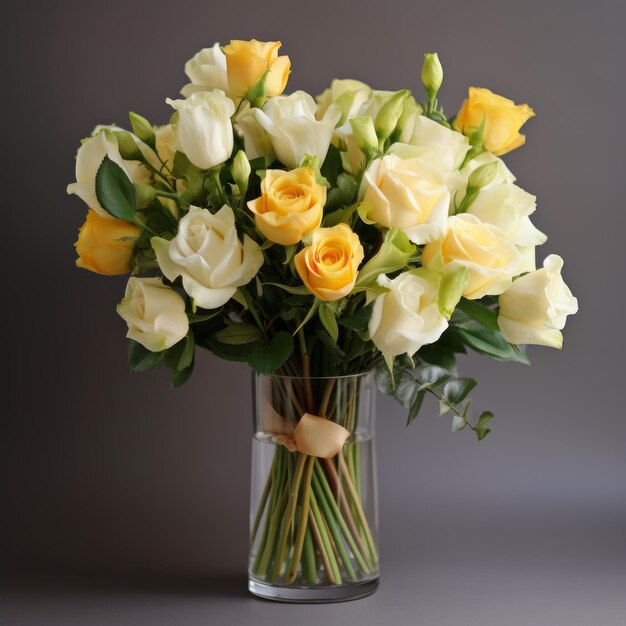 Elegancia atemporal Un impresionante ramo de rosas amarillas y blancas en un jarrón