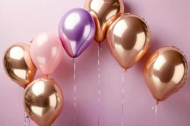 Foto elegancia atemporal rosas globos y corazones en fondo grunge beige con acentos rosados