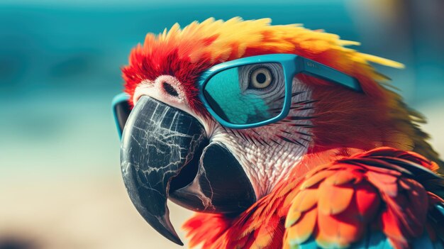 Foto elegancia aviar capturada cuando un loro aterriza en la playa con gafas de sol de moda