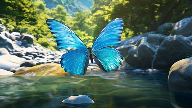 La elegancia azul, la gracia, la mariposa azul en el cielo azul claro.