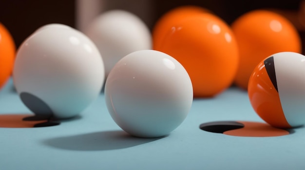 Elegancia de billar bolas blancas y naranjas y taco en la mesa de billar