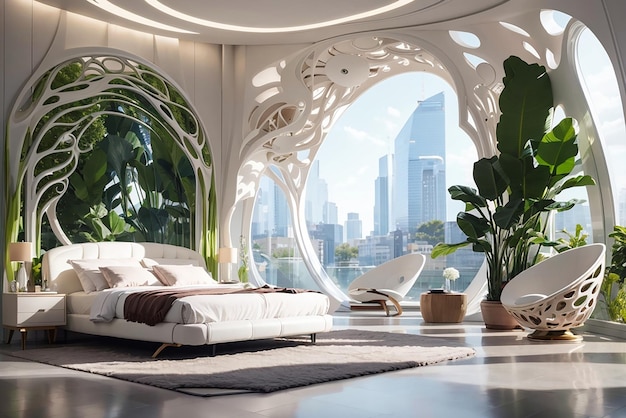 Elegancia de bioingeniería crea un dormitorio futurista con decoración de organismos vivos
