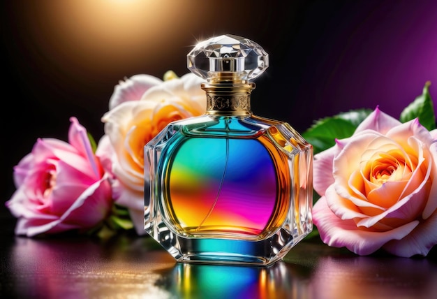 la elegancia de una botella de perfume antigua clara que refleja colores brillantes a través de una luz graciosa