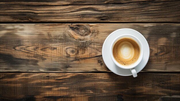 Elegancia del café Una vista de arriba de una taza contra un fondo de mesa de madera