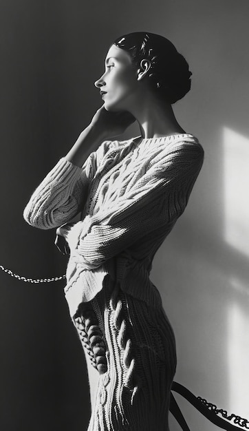Elegancia cautivadora Suéter Chanel vintage Encanta la cámara Acentuando una figura alta con I