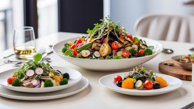 elegancia de la cocina vegetariana contra el telón de fondo de una mesa de madera blanca en un restaurante elegante