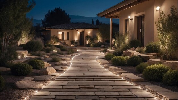 Foto elegancia contemporánea caminos iluminados mejoran el diseño moderno del paisaje en una casa residencial