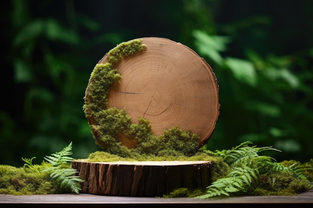 Elegância da natureza apresentando beleza com pódio de fatia de madeira e fundo de musgo verde