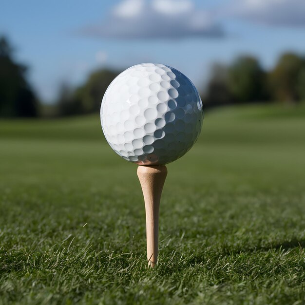 Elegancia deportiva pelota de golf blanca en equilibrio en el tee de madera para las redes sociales