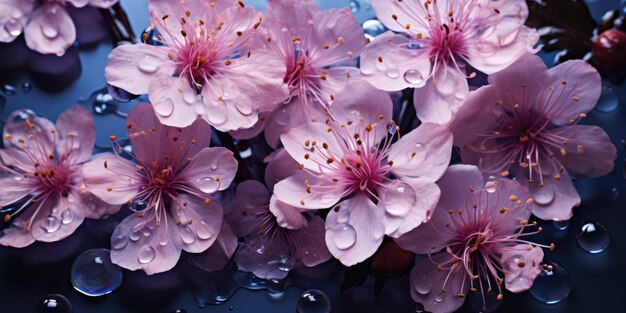 Elegancia en días de lluvia Primer plano de flores y hojas con gotas de agua