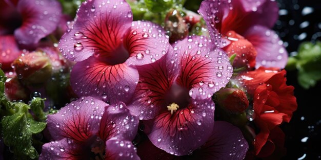 Elegancia en días de lluvia Primer plano de flores y hojas con gotas de agua